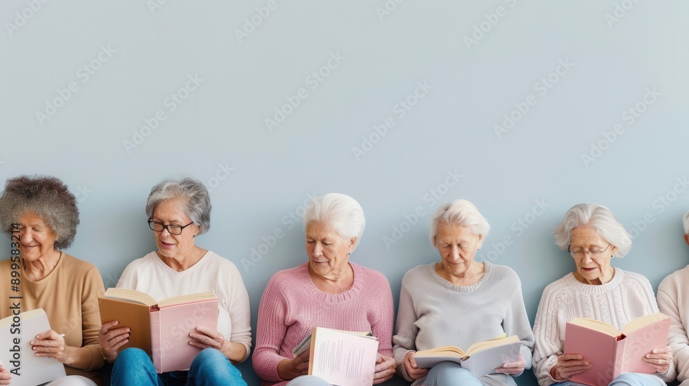 Leinwandbilder a group of elderly people studies foreign languages together using textbooks and dictionaries in a q