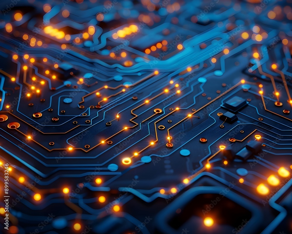 Poster intricate cyber circuit board with glowing blue lines and nodes futuristic high tech design concept