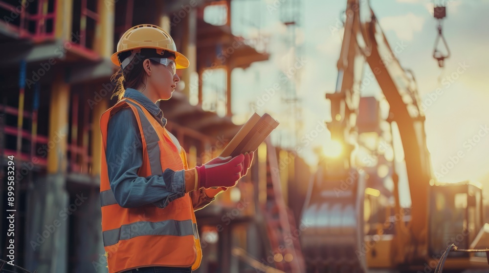 Poster female engineer reading plans on construction site with robotic equipment. concept of technology int