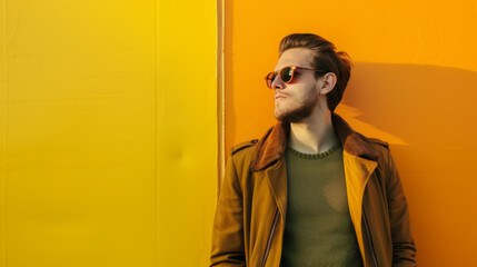 Fototapeta premium A stylish individual in a caramel-colored jacket and sunglasses leaning against a vivid yellow wall in the sun.