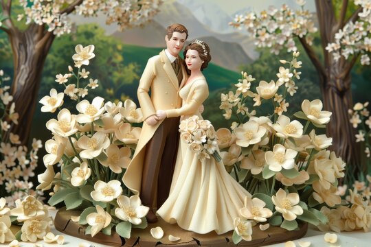 Classic wedding scene with bride and groom in a blooming garden symbolizing love beauty and celebration in a serene natural setting