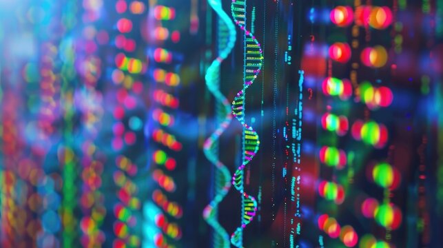 DNA sequencing chart with colorful helix representation on a computer screen