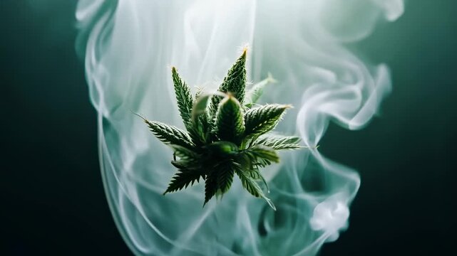 Slow motion cannabis plant submerged in smoke on dark background
