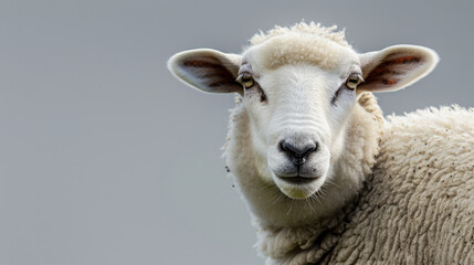 Obraz premium A close-up of a sheep with detailed wool and inquisitive eyes set against a muted background, capturing its serene expression.