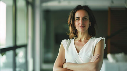 A self-assured woman in a white blouse stands with crossed arms in a bright, modern office, radiating a strong and composed energy.