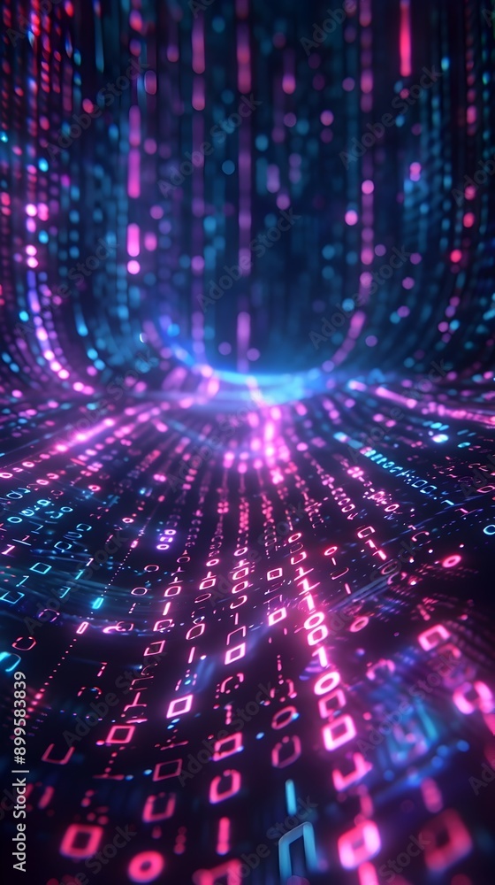 Poster flowing digital matrix with neon lights in cyber data stream background