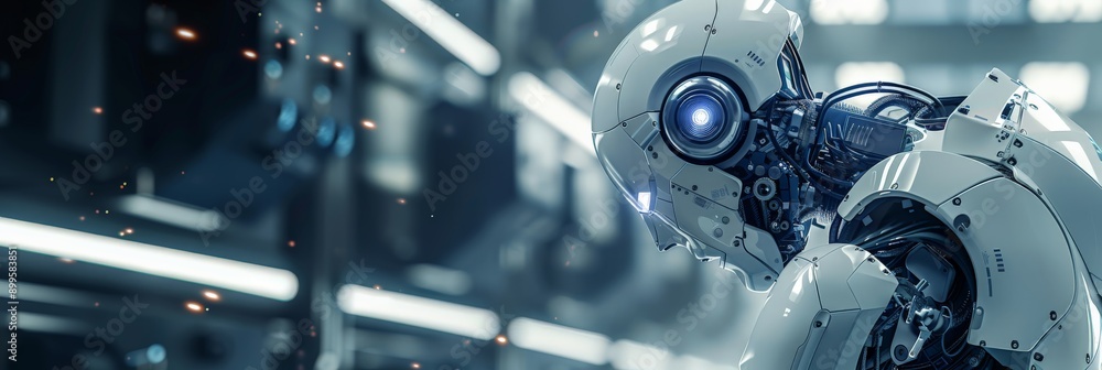 Poster White humanoid robot with illuminated eyes in a high-tech facility. Advanced robotics and AI in an industrial setting.