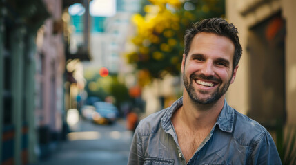 Fototapeta premium A cheerful man with a beard and blue shirt smiles warmly as he stands on a vibrant city street with lush greenery and colorful buildings in the background.