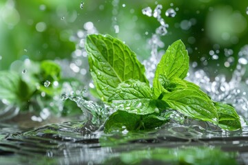 Vivid green mint leaves sprinkled with water