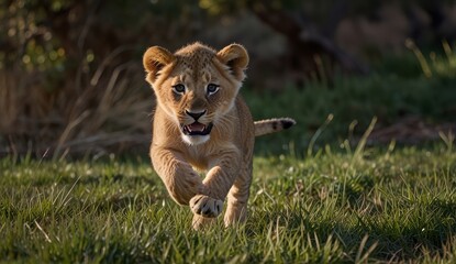 Fototapeta premium Playful Lion Cub Running in Nature