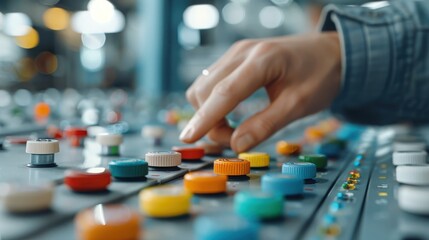 Naklejka premium Vintage machine with large, colorful buttons being pressed by an operator in a busy factory setting.