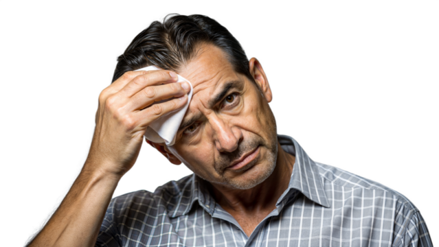 A worried looking man wipes sweat from his forehead with a cloth.