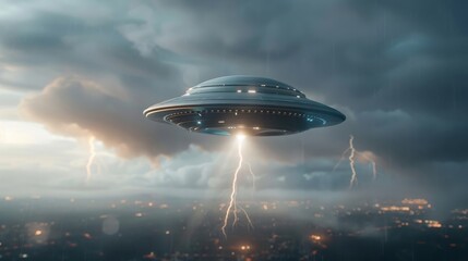 Obraz premium Dynamic UFO chase through a stormy sky, lightning illuminating the clouds and the UFO's sleek, metallic surface.