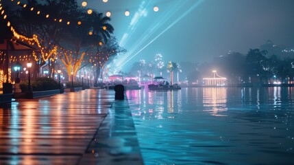 Obraz premium Majestic light show over a tranquil lake, with laser beams reflecting off the water and illuminating the night.