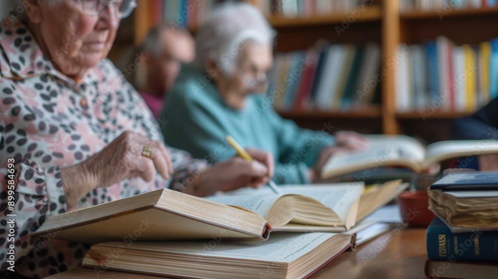 Poster a group of elderly learners explores foreign languages using textbooks and dictionaries in a warm, i