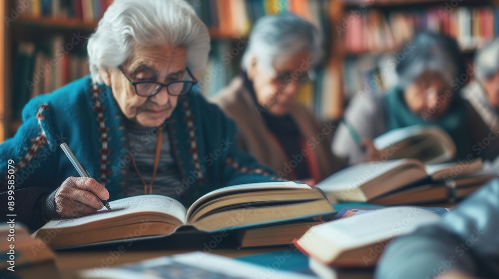 Fototapete Groups of elderly individuals study foreign languages together, using textbooks and dictionaries in a warm and inviting library atmosphere. Generative AI