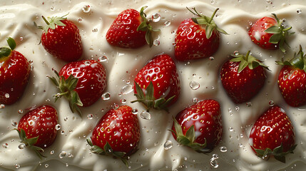 Juicy Red Strawberries Submerged in Yogurt