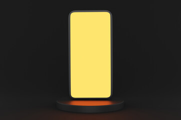 Mockup of modern smartphone with yellow screen on podium on black background. 3d rendering illustration.