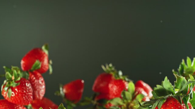 Super Slow Motion of Flying Strawberries Isolated on Dark Background. Filmed on High Speed Cinema Camera, 1000 fps. Speed Ramp Effect.
