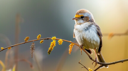 A small bird with a yellow beak perched on a branch with buds.  The bird is in focus with a soft, blurred background.