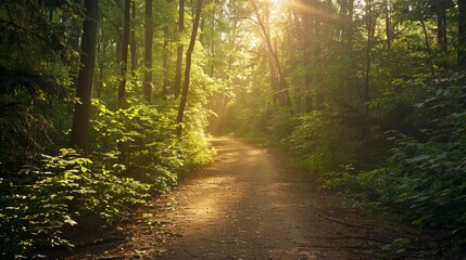 Obraz premium Sunlit forest pathway with dappled light, natural and inviting, peaceful nature walk