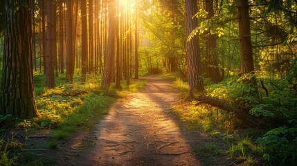 Obraz premium Sunlit forest pathway with dappled light, natural and inviting, peaceful nature walk