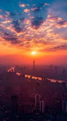 Fototapeta premium Vibrant Sunrise over Spectacular City Skyline Representing New Opportunities and Fresh Starts in Urban Life