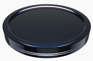 Close-up of dark colored digital coin with neon holographic effect on white background. 3d rendering illustration.