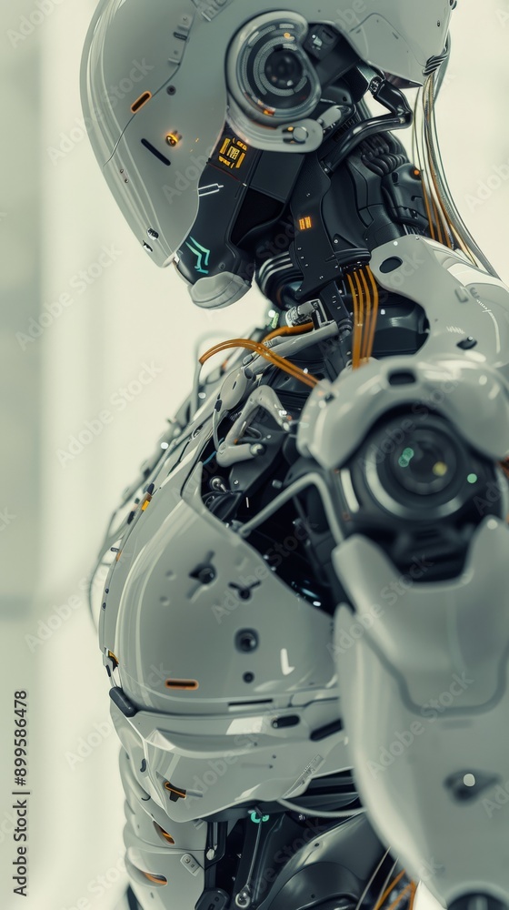 Poster Side view of a sleek, white robotic figure with intricate mechanical details. Modern robotics and artificial intelligence concept.