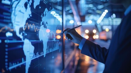 Obraz premium Business person using modern technology to analyze global data on a digital screen in a futuristic office setting with bokeh lights.