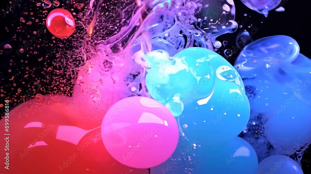 Poster vibrant colorful bubbles forming unique patterns in a dark environment