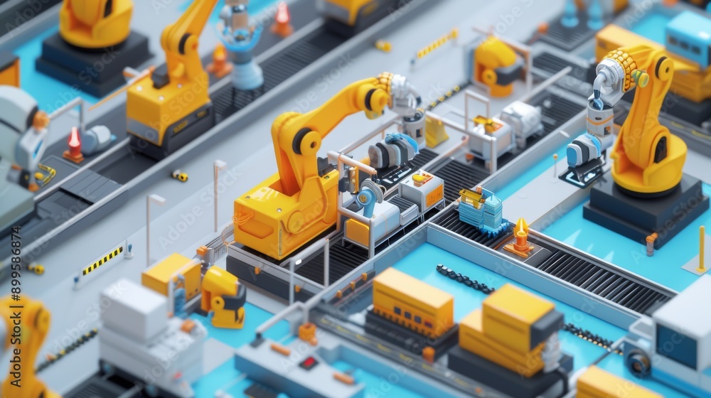 Poster A modern factory featuring a high-tech robotic production line. The scene showcases advanced robotics, precision engineering, and an organized industrial environment designed for efficient