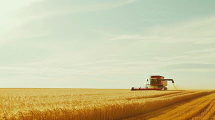 Fototapeta premium A lone combine harvester operates in a vast golden wheat field under a clear sky, symbolizing agricultural work and harvest season.