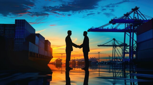 Businessmen shaking hands at a shipping port during sunset, representing partnership, trade, and commerce in the global logistics industry.