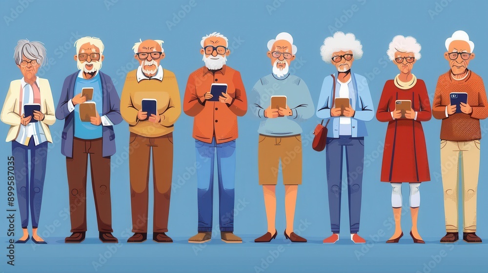 Poster A diverse group of elderly people stands together, each using digital devices while enjoying a lighthearted moment in a relaxed setting. Generative AI