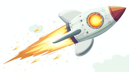 A cartoon rocket launching into space.