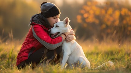 A woman in running gear hugging her white