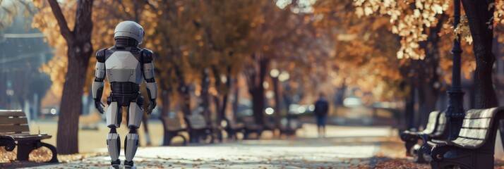 Humanoid robot walking alone in a park during autumn. Depicting advanced robotics and seasonal landscape.