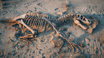 Naklejka premium Fossilized dinosaur skeleton partially unearthed in a sandy desert, showcasing ancient history and paleontology.