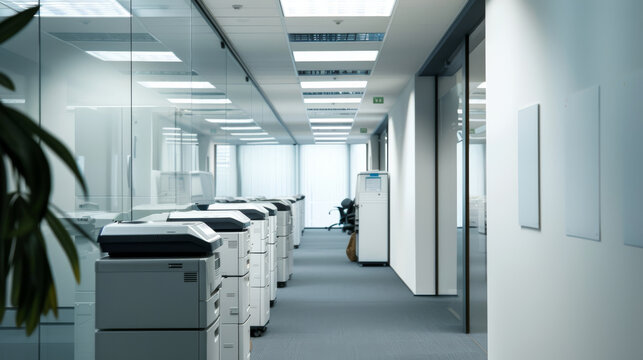 A clean, orderly office hallway with rows of printers and a glass partition, evoking a professional, efficient workplace atmosphere.