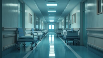Obraz premium Empty hospital corridor with beds. 3d rendering. Blurred background.
