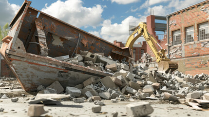 A demolished building site with a yellow excavator amidst piles of rubble and debris under a bright blue sky with clouds.