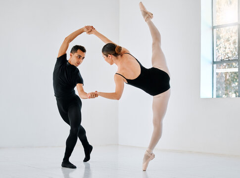 Ballet, dance and partners with creative practice for performance art, elegance or learning. Man, woman and ballerina with wellness training in class for dancing academy, teamwork and balance