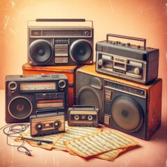 Fototapeta premium Retro collection of vintage boomboxes and cassette tapes arranged with old sheet music, evoking nostalgia and the golden era of analog music. The warm, faded background enhances the vintage appeal.