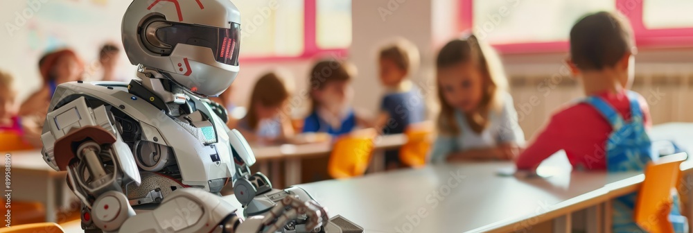 Poster Humanoid robot teacher in classroom setting with young students. Advanced AI and robotics technology in modern education.