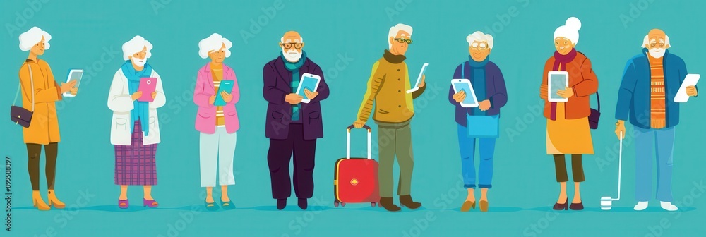 Poster elderly individuals use devices while waiting in a colorful airport terminal for their flights. gene