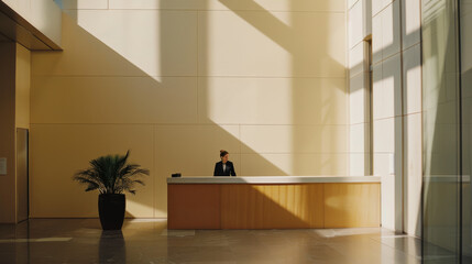 A minimalist, modern reception area bathed in natural light, featuring a lone receptionist behind a sleek counter, evoking a sense of calm and professionalism.