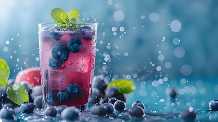 A blueberry cocktail with fresh blueberries and mint, showcased in a clear glass against a bubbly blue backdrop.