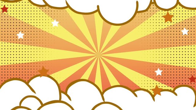 Abstract Pop Art Comic Background with Open Clouds in orange gradient color, Perfect for Graphic Design Projects and animated Videos