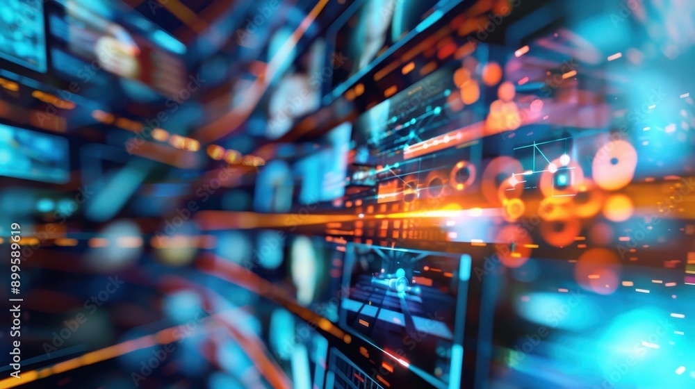 Poster abstract digital data image with colorful lights and technology screens, illustrating high-tech inno